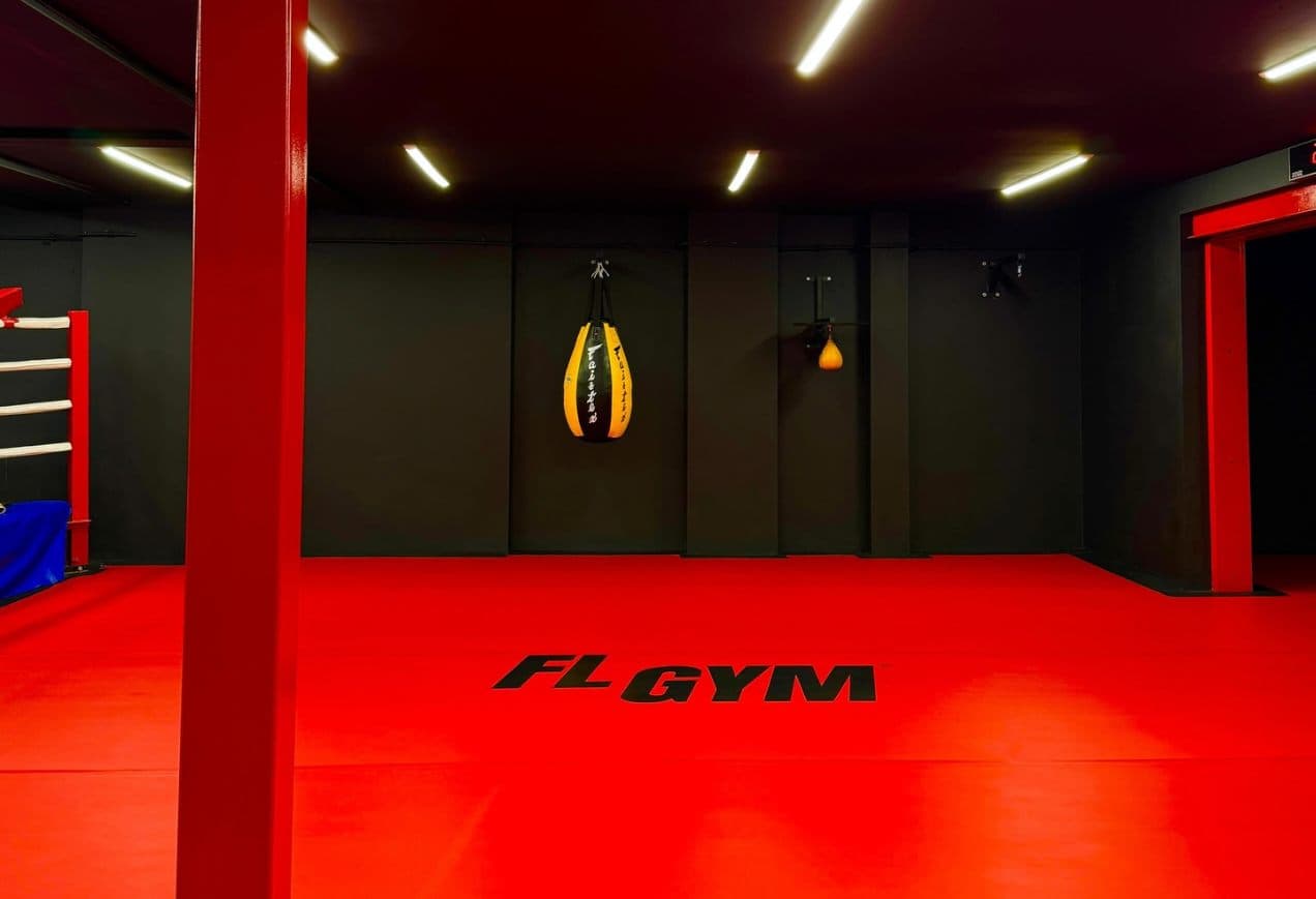 Trainingszaal van FL Gym met rode vloer en nieuwe lichtlijnen